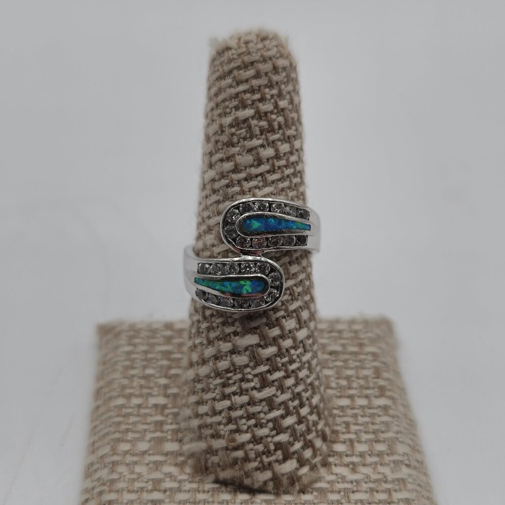 Size 7.25 Sterling Silver Bright Cubic Zirconia And Blue Opal Ring A3782